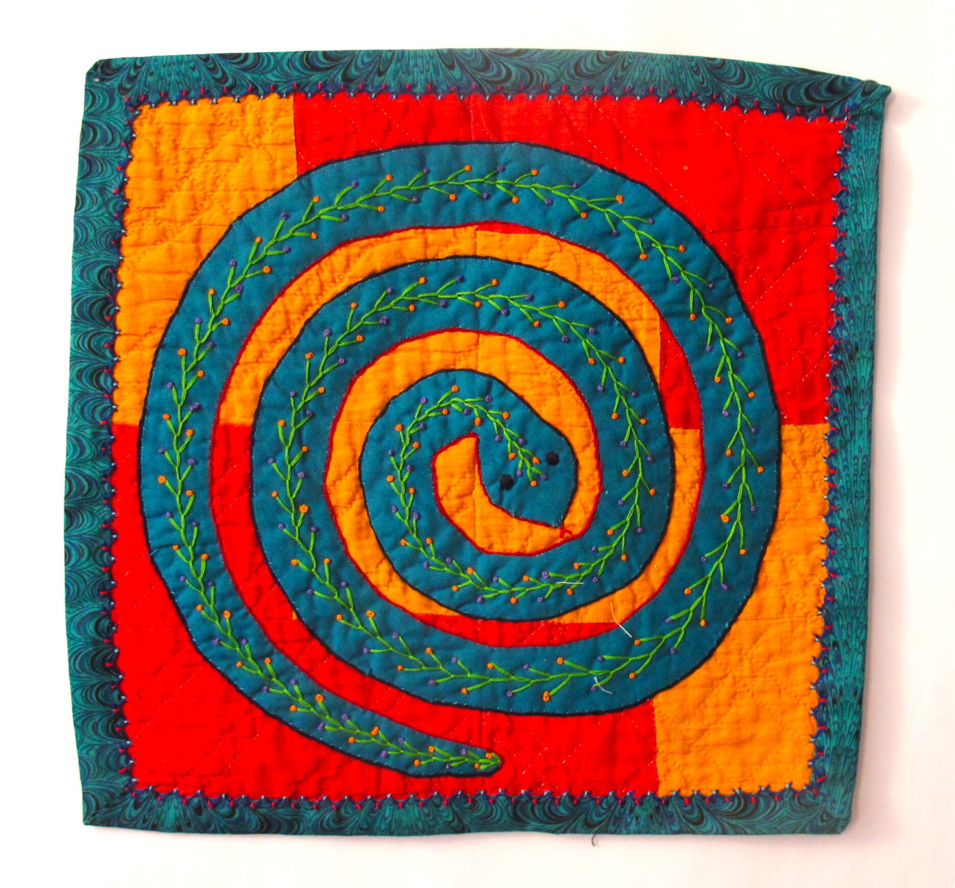 Spiral Snake, Applique and embroidery on vintage quilt, 12.5 x 12.5 inches, $300